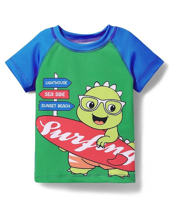 Babyhug Cotton Water Repellant Half Raglan Sleeves Two Piece Swimming Suit with Dino Print - Blue & Green