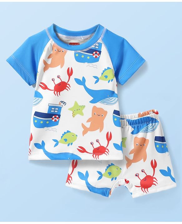 Babyhug Water Repellant Half Raglan Sleeves Two Piece Swimsuit With Fish Print - White & Blue