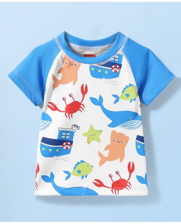 Babyhug Water Repellant Half Raglan Sleeves Two Piece Swimsuit With Fish Print - White & Blue