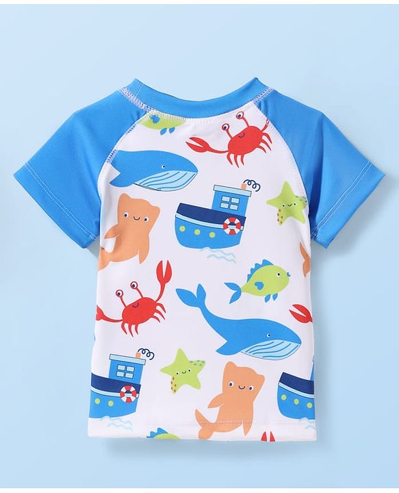 Babyhug Water Repellant Half Raglan Sleeves Two Piece Swimsuit With Fish Print - White & Blue