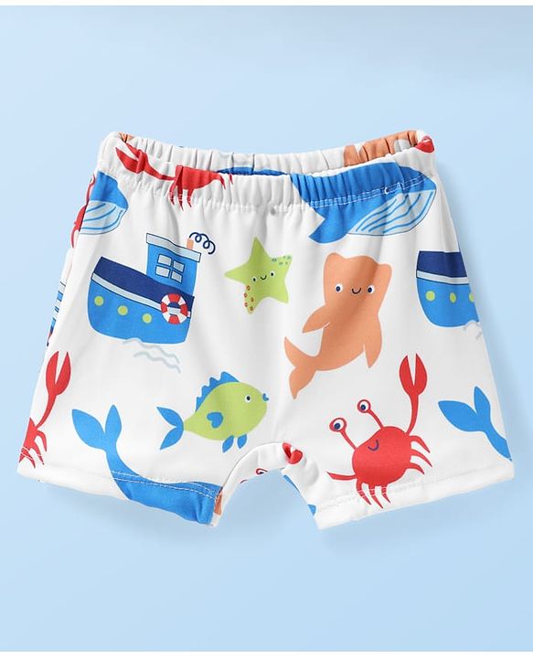 Babyhug Water Repellant Half Raglan Sleeves Two Piece Swimsuit With Fish Print - White & Blue