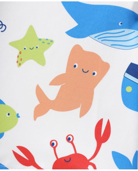 Babyhug Water Repellant Half Raglan Sleeves Two Piece Swimsuit With Fish Print - White & Blue