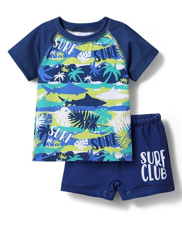 Babyhug Cotton Water Repellant Half Raglan Sleeves Two Piece Swimming Suit with Surf Theme Print - Navy Blue