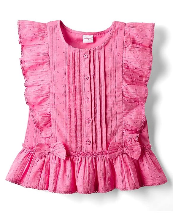 Babyhug Cotton Swiss Dot Woven Frill Sleeves Striped Top with Bow Applique - Dark Pink
