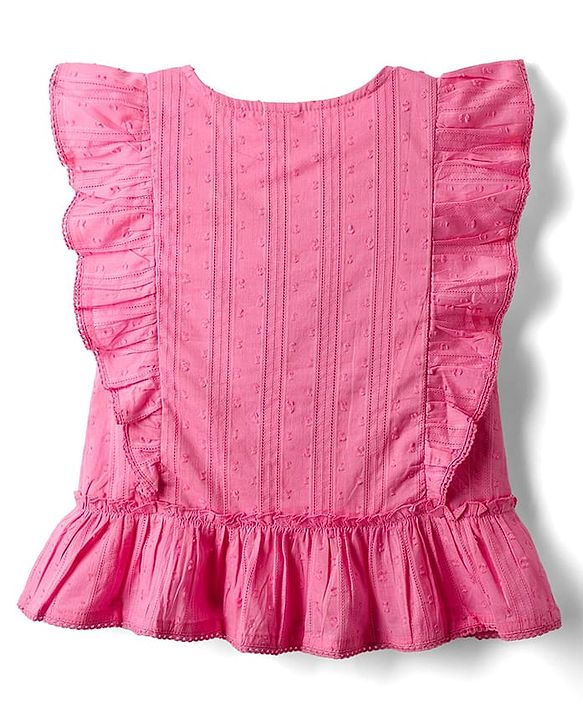 Babyhug Cotton Swiss Dot Woven Frill Sleeves Striped Top with Bow Applique - Dark Pink