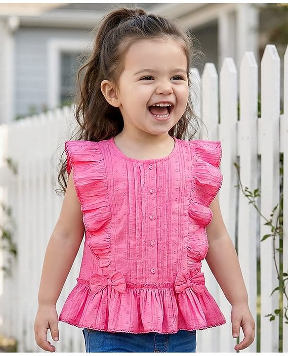 Babyhug Cotton Swiss Dot Woven Frill Sleeves Striped Top with Bow Applique - Dark Pink
