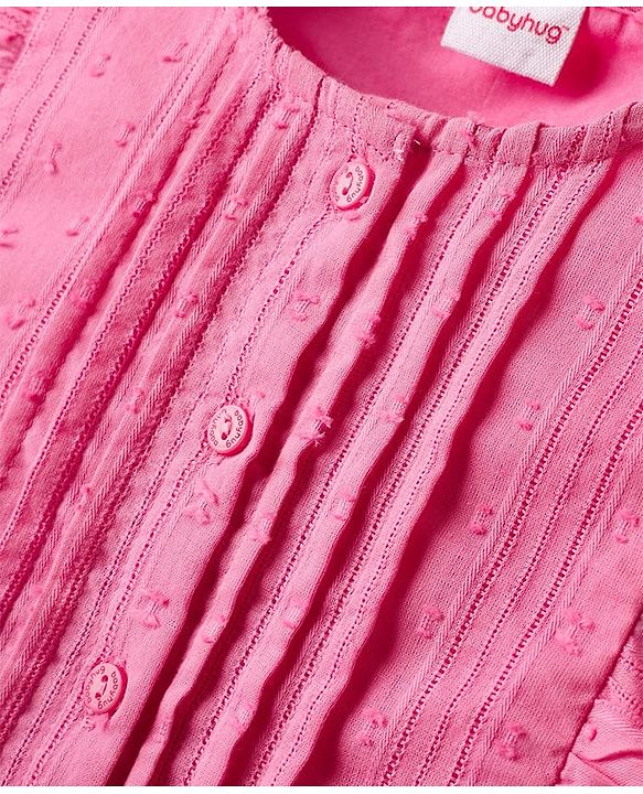 Babyhug Cotton Swiss Dot Woven Frill Sleeves Striped Top with Bow Applique - Dark Pink