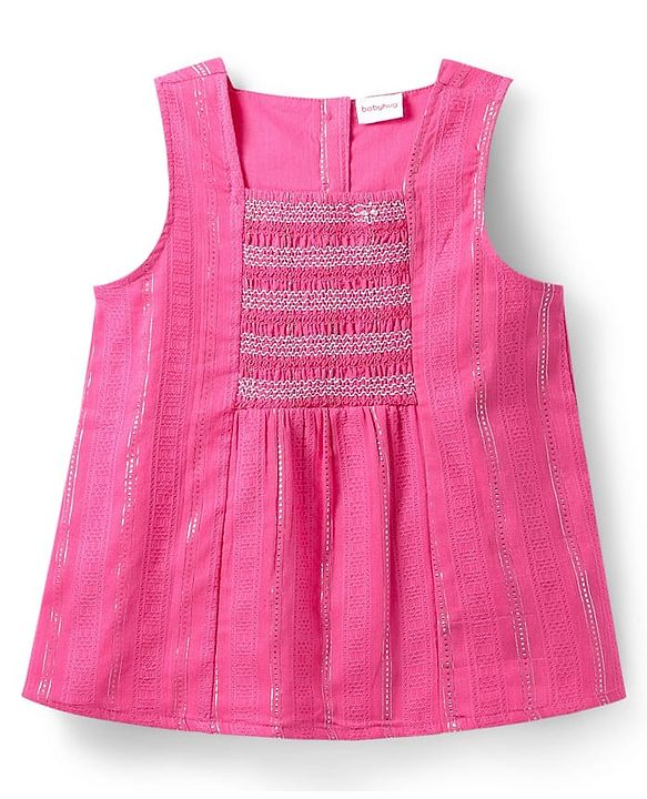 Babyhug Cotton Lurex Woven Sleeveless Smocked Top -Dark Pink