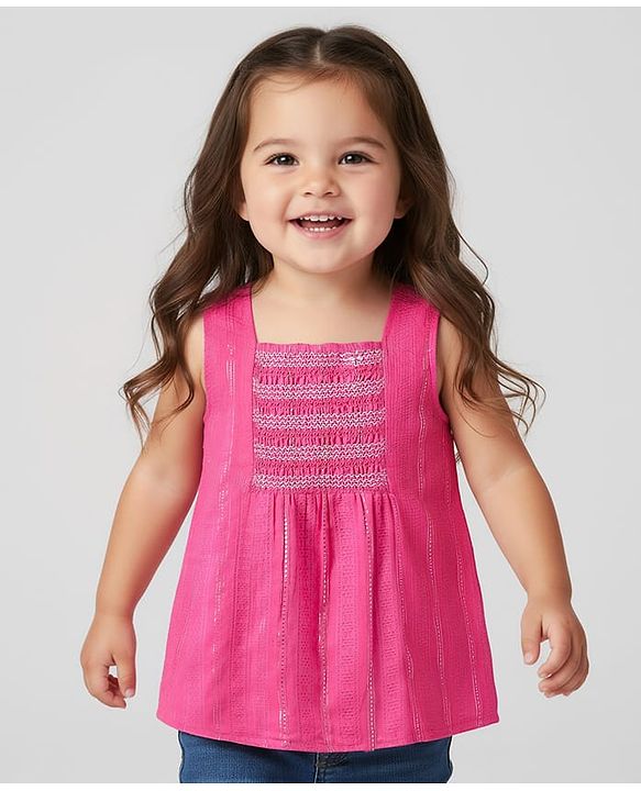 Babyhug Cotton Lurex Woven Sleeveless Smocked Top -Dark Pink