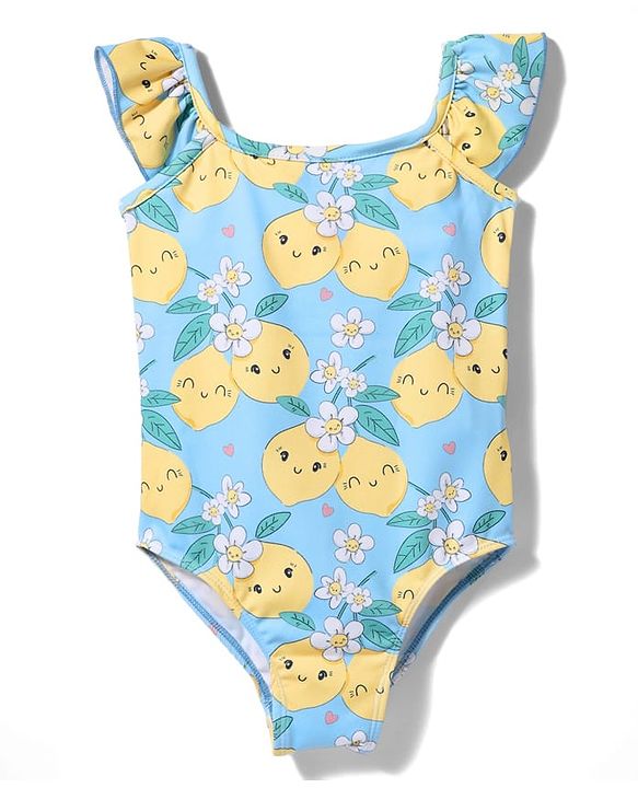Babyhug Sleeveless Water Repellent Tropical Print V Cut Swimsuit - Light Blue
