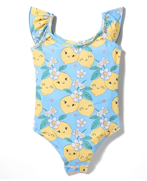 Babyhug Sleeveless Water Repellent Tropical Print V Cut Swimsuit - Light Blue