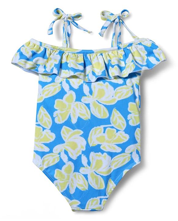 Babyhug Water Repellant Sleeveless V Cut Swimsuit with Floral Print - Blue