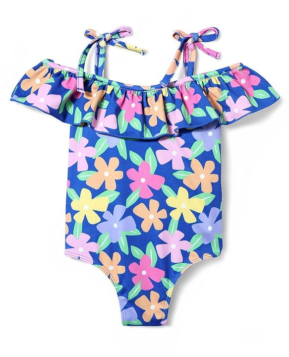 Babyhug Water Repellant Sleeveless V Cut Swimsuit with Floral Print - Navy Blue