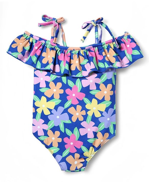 Babyhug Water Repellant Sleeveless V Cut Swimsuit with Floral Print - Navy Blue