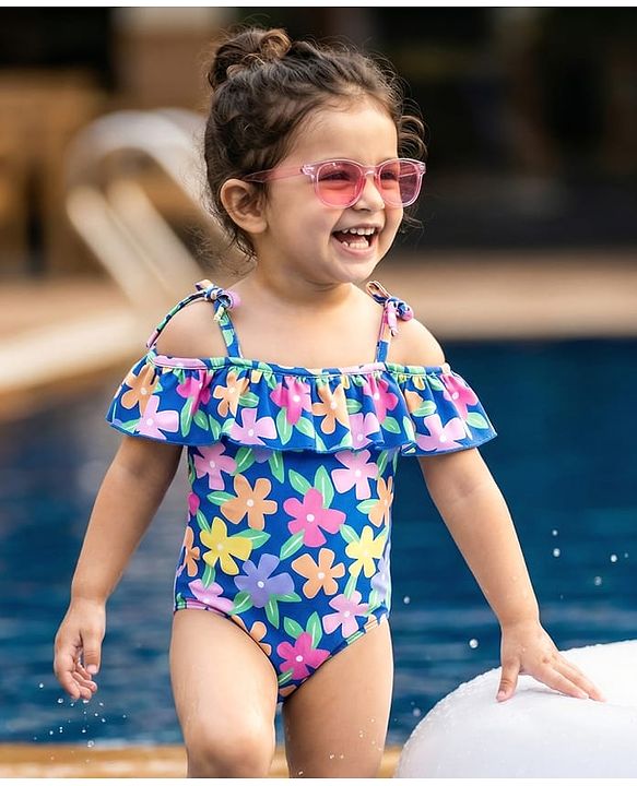 Babyhug Water Repellant Sleeveless V Cut Swimsuit with Floral Print - Navy Blue