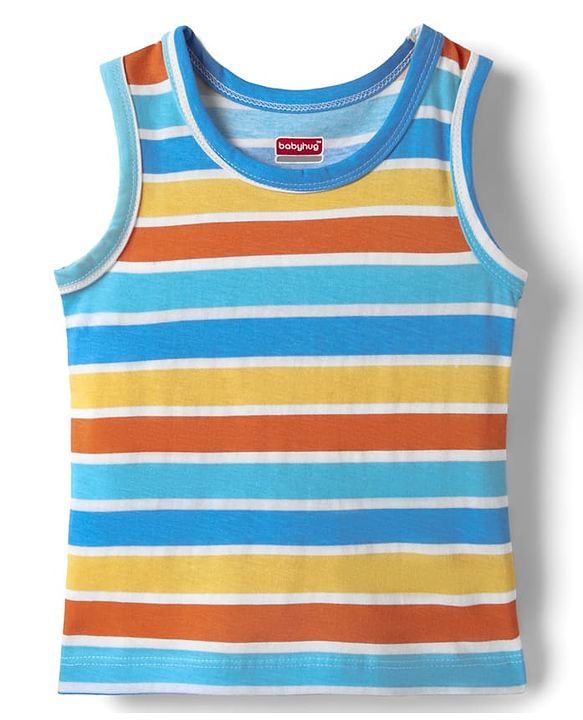 Babyhug 100% Cotton Single Jersey Knit Antibacterial Sleeveless Sando with Stripes & Animal Print Pack of 3 - Blue