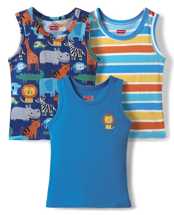 Babyhug 100% Cotton Single Jersey Knit Antibacterial Sleeveless Sando with Stripes & Animal Print Pack of 3 - Blue