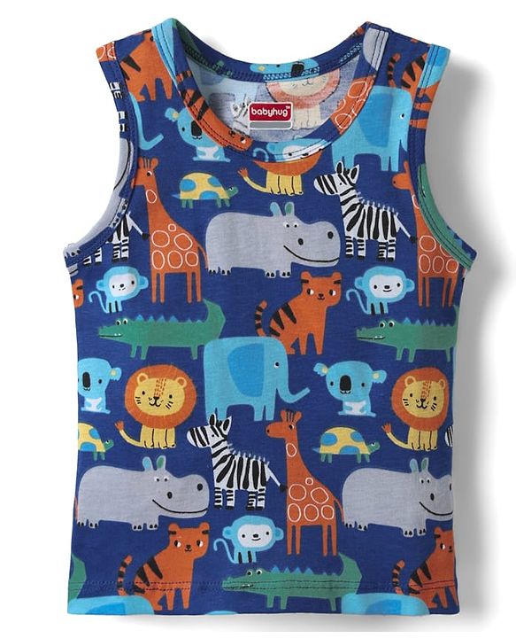 Babyhug 100% Cotton Single Jersey Knit Antibacterial Sleeveless Sando with Stripes & Animal Print Pack of 3 - Blue