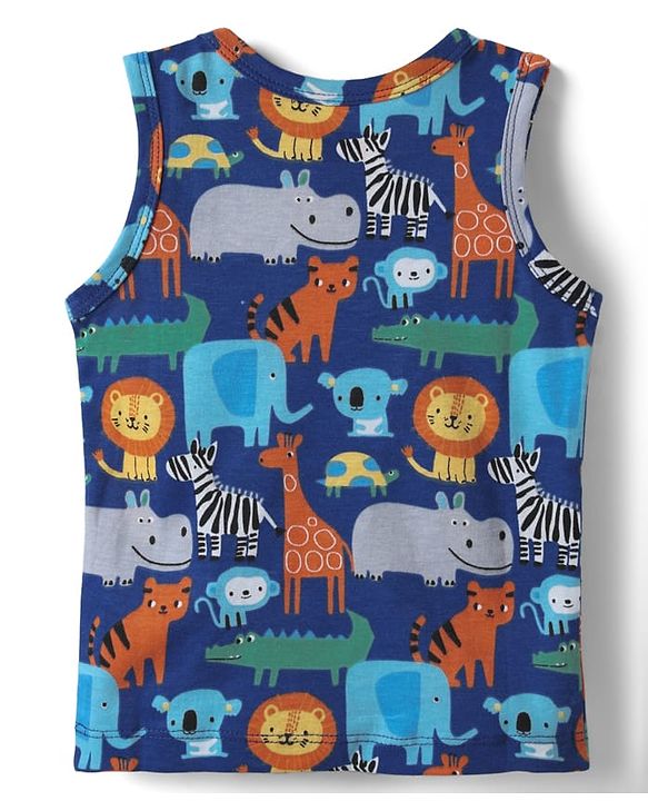 Babyhug 100% Cotton Single Jersey Knit Antibacterial Sleeveless Sando with Stripes & Animal Print Pack of 3 - Blue