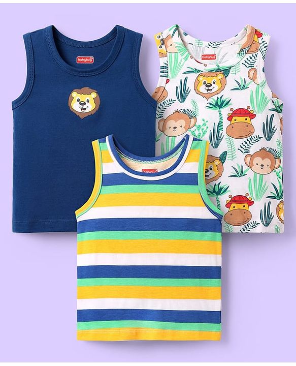Babyhug 100% Cotton Knit Antibacterial Sleeveless Sandos With Stripes & Animal Print Pack Of 3 - Navy Blue White & Yellow