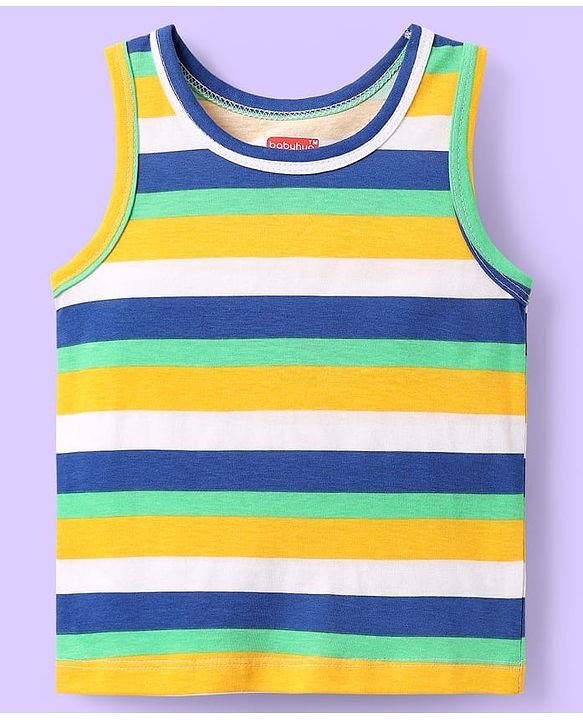 Babyhug 100% Cotton Knit Antibacterial Sleeveless Sandos With Stripes & Animal Print Pack Of 3 - Navy Blue White & Yellow