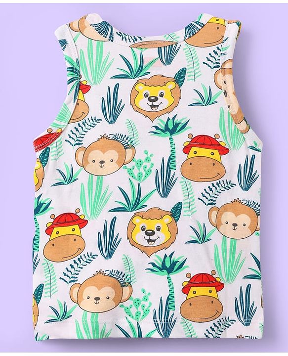 Babyhug 100% Cotton Knit Antibacterial Sleeveless Sandos With Stripes & Animal Print Pack Of 3 - Navy Blue White & Yellow