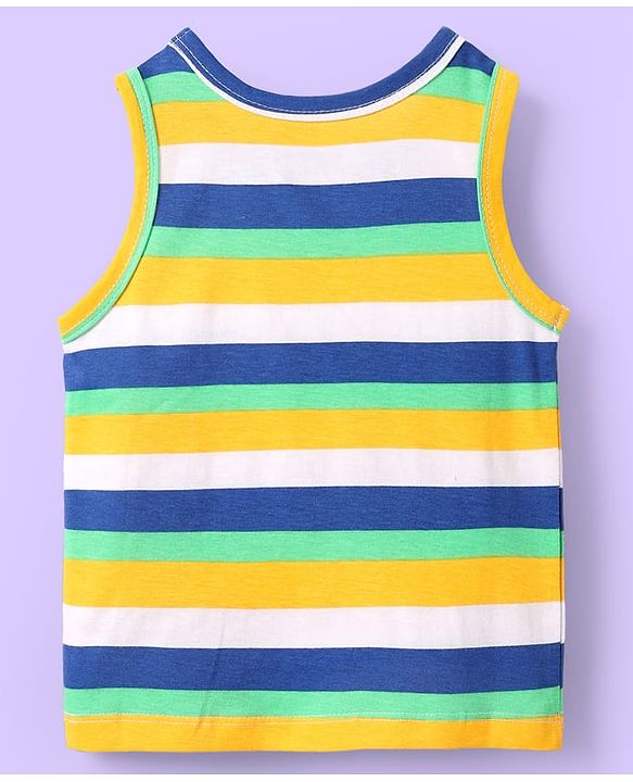 Babyhug 100% Cotton Knit Antibacterial Sleeveless Sandos With Stripes & Animal Print Pack Of 3 - Navy Blue White & Yellow