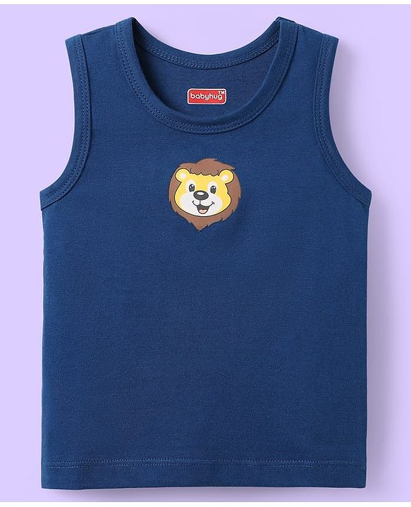 Babyhug 100% Cotton Knit Antibacterial Sleeveless Sandos With Stripes & Animal Print Pack Of 3 - Navy Blue White & Yellow