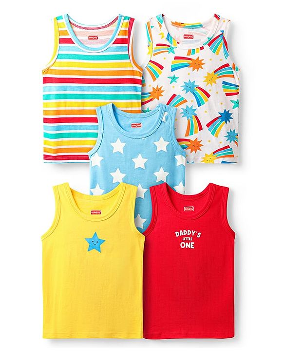 Babyhug 100% Cotton Knit Sleeveless Antibacterial Vests with Star Print & Stripes Pack of 5 - Multicolor