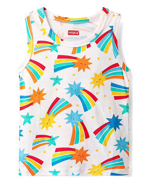 Babyhug 100% Cotton Knit Sleeveless Antibacterial Vests with Star Print & Stripes Pack of 5 - Multicolor