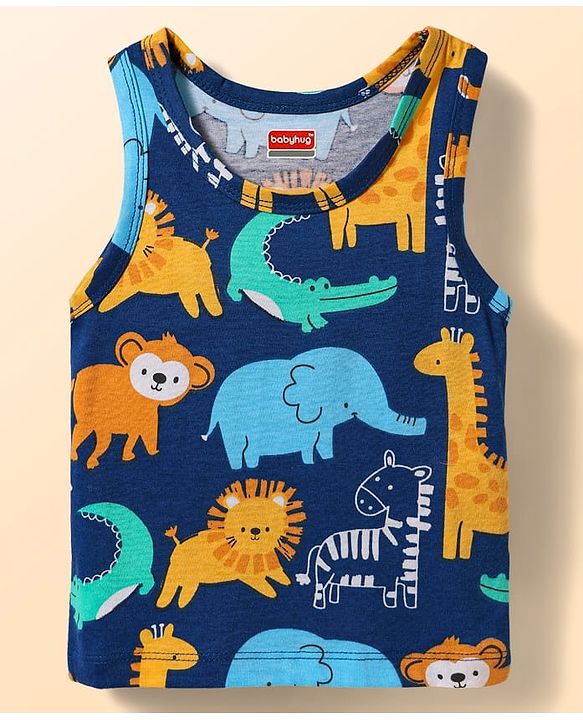 Babyhug 100% Cotton Single Jersey Knit Antibacterial Sleeveless Sando Vests with Animal Print Pack of 3 - Multicolor