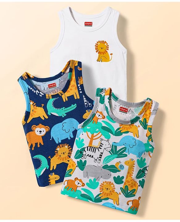 Babyhug 100% Cotton Single Jersey Knit Antibacterial Sleeveless Sando Vests with Animal Print Pack of 3 - Multicolor