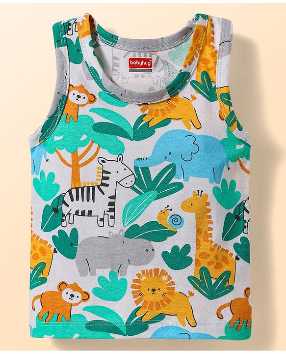Babyhug 100% Cotton Single Jersey Knit Antibacterial Sleeveless Sando Vests with Animal Print Pack of 3 - Multicolor