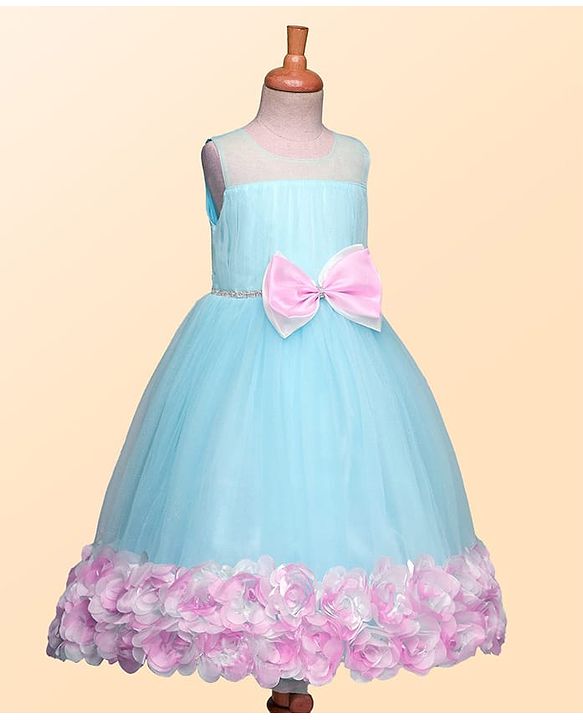 Babyhug Woven Sleeveless Fit & Flare Party Dress With Floral & Bow Applique - Light Blue & Pink