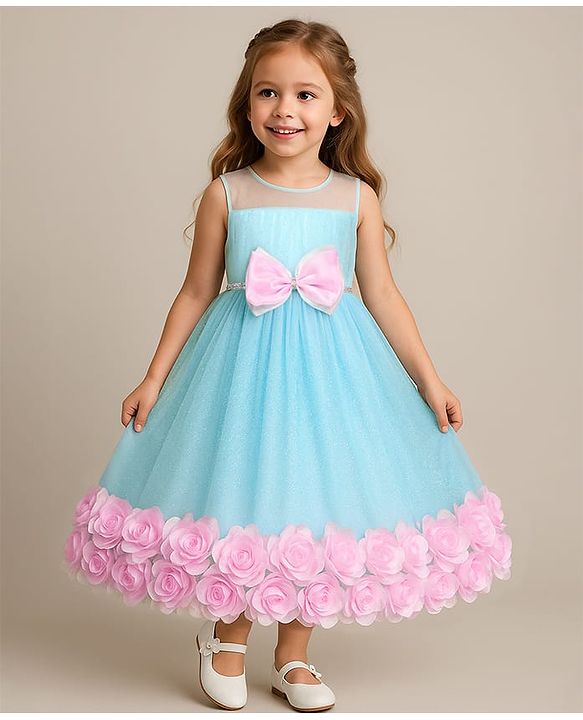 Babyhug Woven Sleeveless Fit & Flare Party Dress With Floral & Bow Applique - Light Blue & Pink