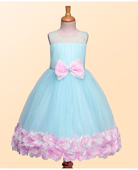 Babyhug Woven Sleeveless Fit & Flare Party Dress With Floral & Bow Applique - Light Blue & Pink