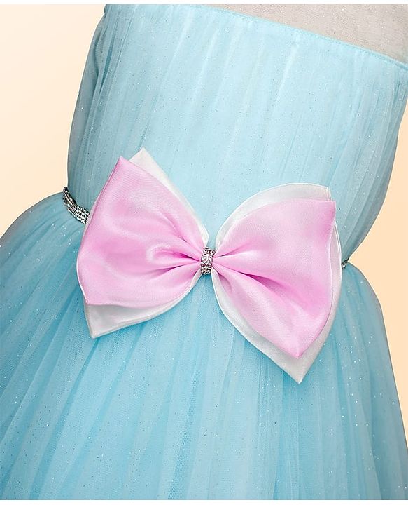 Babyhug Woven Sleeveless Fit & Flare Party Dress With Floral & Bow Applique - Light Blue & Pink