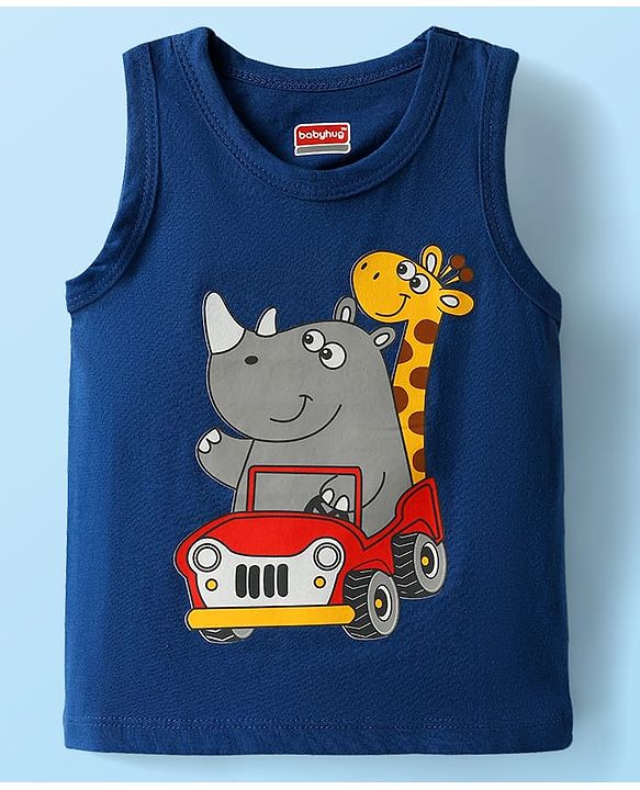Babyhug 100% Cotton Antibacterial Sleeveless Sando With Stripes & Animal Print Pack Of 3 - Navy Blue Yellow & White