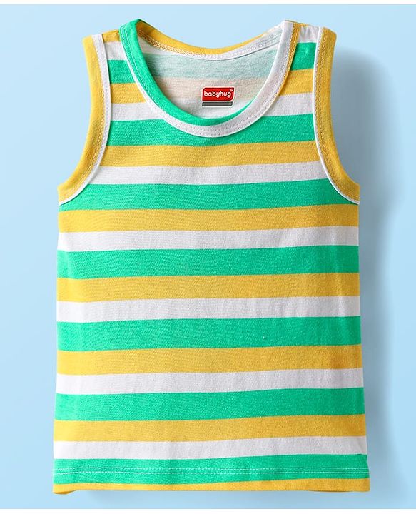 Babyhug 100% Cotton Antibacterial Sleeveless Sando With Stripes & Animal Print Pack Of 3 - Navy Blue Yellow & White