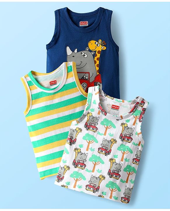 Babyhug 100% Cotton Antibacterial Sleeveless Sando With Stripes & Animal Print Pack Of 3 - Navy Blue Yellow & White