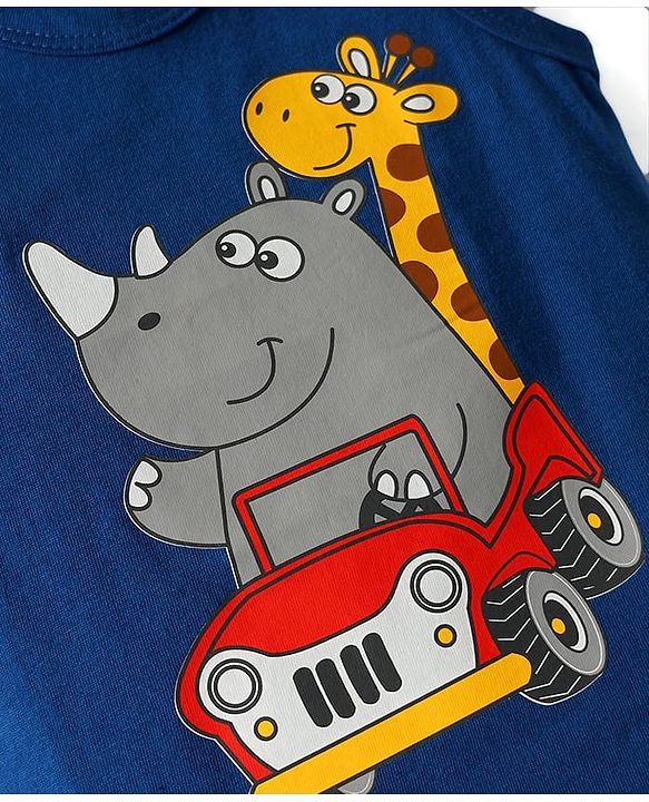 Babyhug 100% Cotton Antibacterial Sleeveless Sando With Stripes & Animal Print Pack Of 3 - Navy Blue Yellow & White