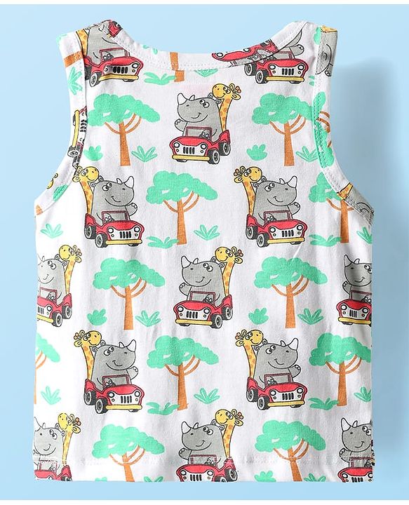 Babyhug 100% Cotton Antibacterial Sleeveless Sando With Stripes & Animal Print Pack Of 3 - Navy Blue Yellow & White