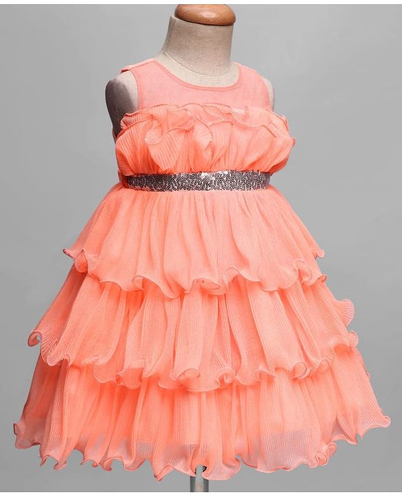 Babyhug Woven Sleeveless Ruffled Party Dress With Sequins - Pink