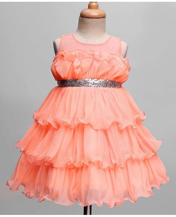 Babyhug Woven Sleeveless Ruffled Party Dress With Sequins - Pink