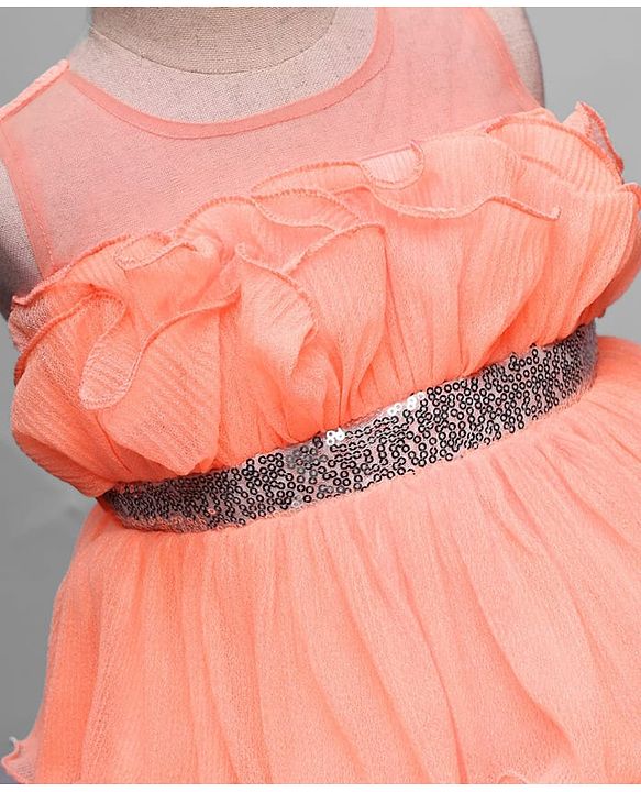 Babyhug Woven Sleeveless Ruffled Party Dress With Sequins - Pink