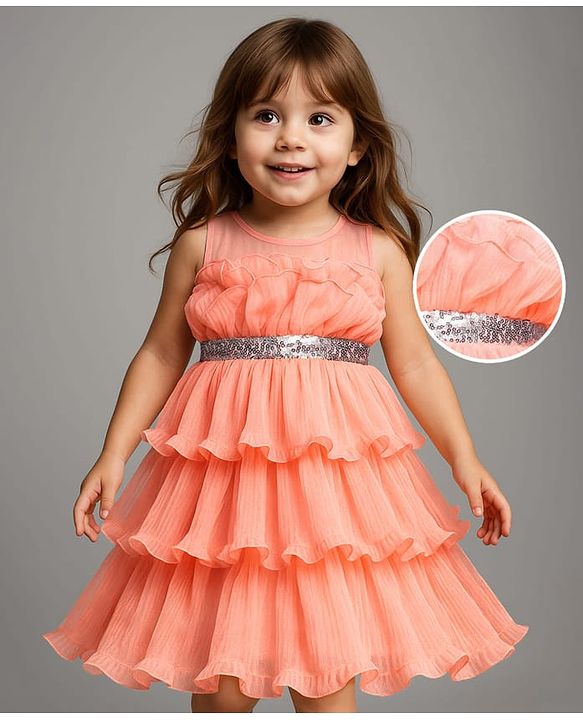 Babyhug Woven Sleeveless Ruffled Party Dress With Sequins - Pink