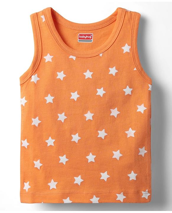 Babyhug 100% Cotton Single Jersey Knit Sleeveless Antibacterial Sando With Stripes Dino &  Star Print Pack Of 3 - Orange Light Blue & Navy Blue