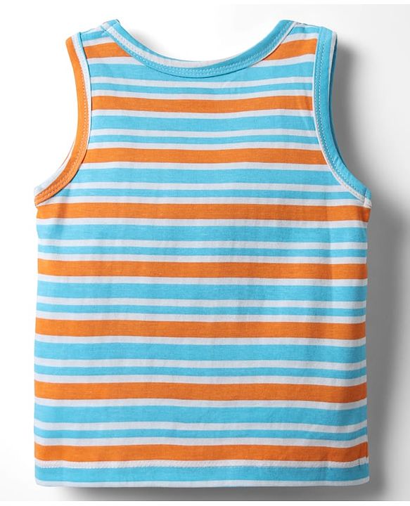 Babyhug 100% Cotton Single Jersey Knit Sleeveless Antibacterial Sando With Stripes Dino &  Star Print Pack Of 3 - Orange Light Blue & Navy Blue