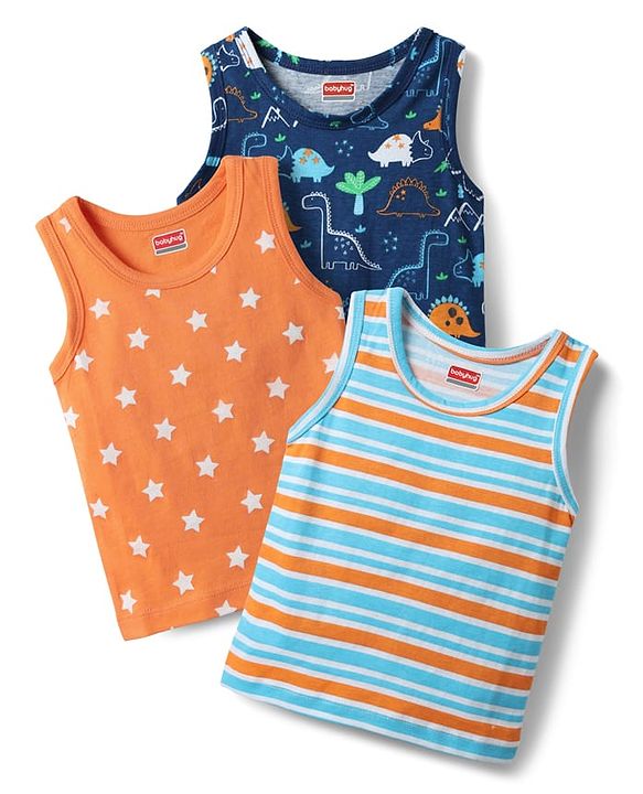 Babyhug 100% Cotton Single Jersey Knit Sleeveless Antibacterial Sando With Stripes Dino &  Star Print Pack Of 3 - Orange Light Blue & Navy Blue