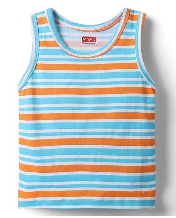 Babyhug 100% Cotton Single Jersey Knit Sleeveless Antibacterial Sando With Stripes Dino &  Star Print Pack Of 3 - Orange Light Blue & Navy Blue
